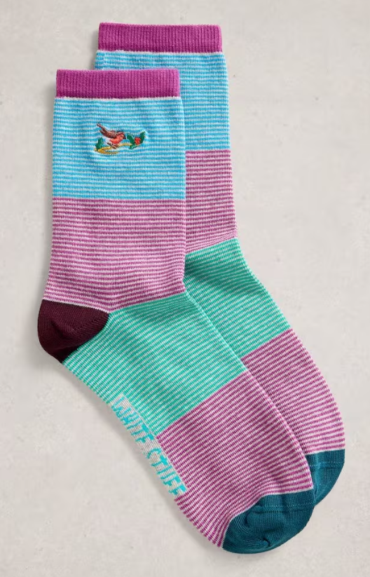 White Stuff Embroidered Stripe Ankle Sock in BLUE MULTI