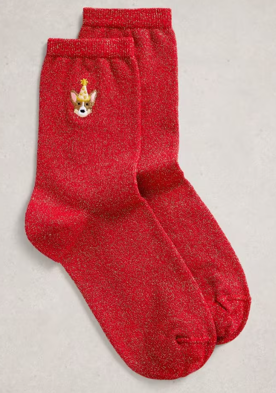 White Stuff Embroidered Corgi Sparkle Sock in BRIGHT RED