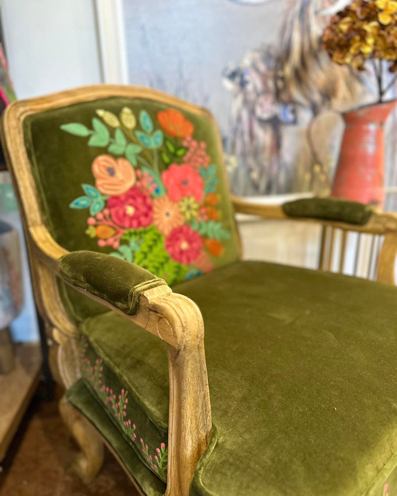 Hand Embroidered Velvet Moss Country Chair