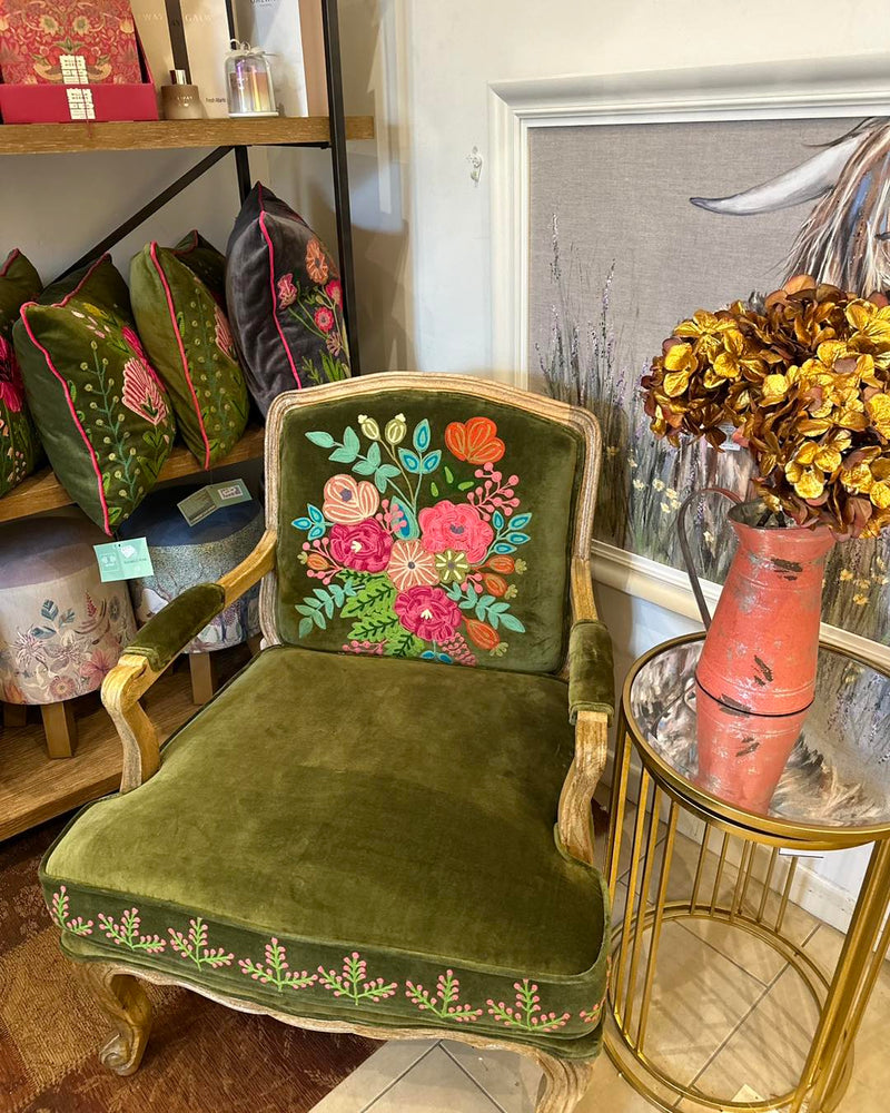 Hand Embroidered Velvet Moss Country Chair