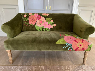 Hand Embroidered Sophia Velvet Moss Two Seater Sofa