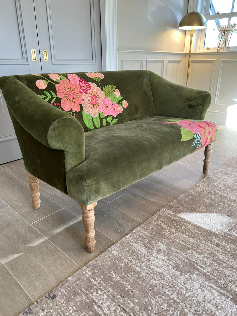 Hand Embroidered Sophia Velvet Moss Two Seater Sofa