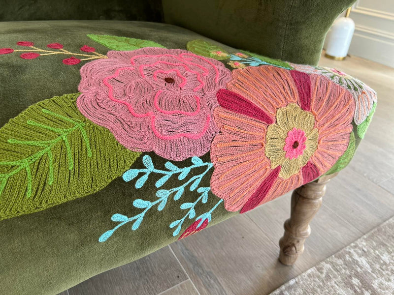 Hand Embroidered Sophia Velvet Moss Two Seater Sofa