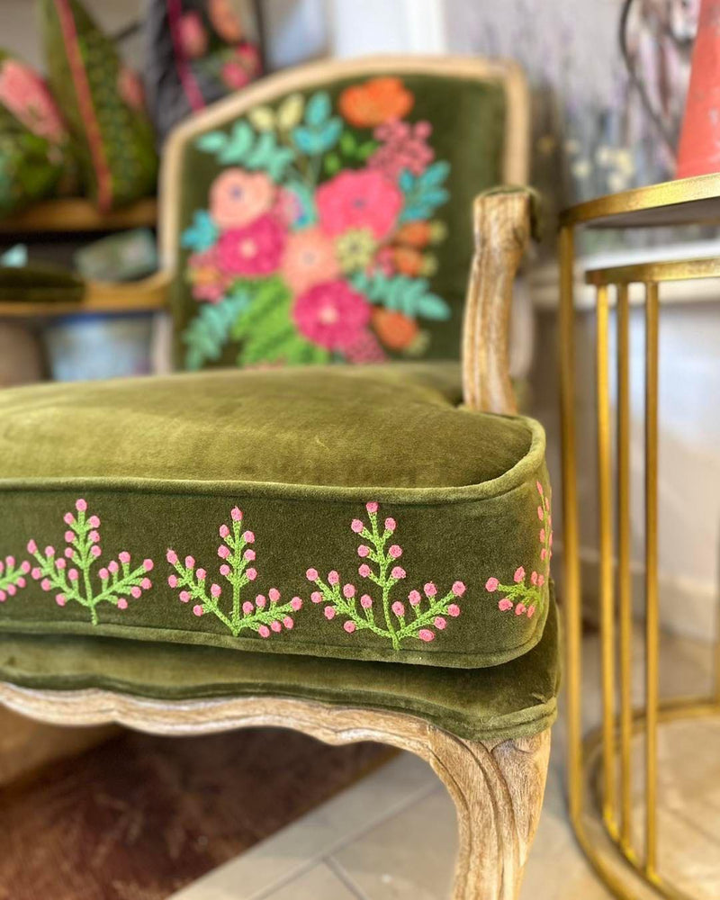 Hand Embroidered Velvet Moss Country Chair