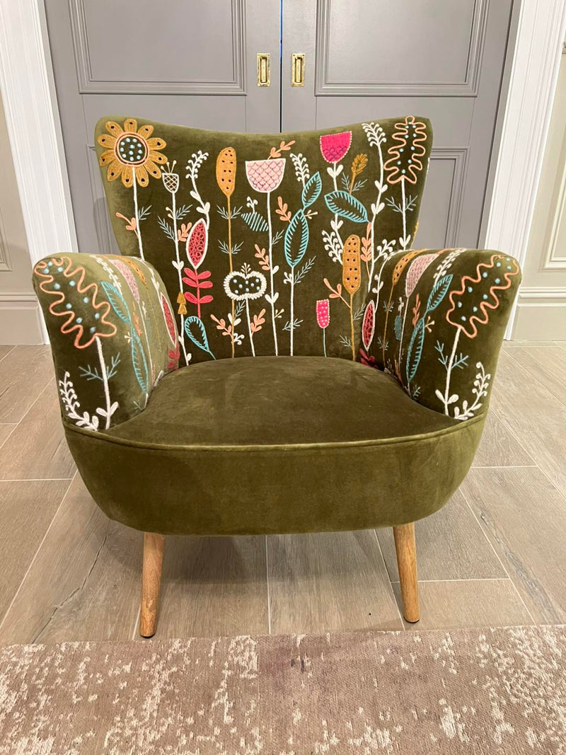 Hand Embroidered Velvet Moss Chair