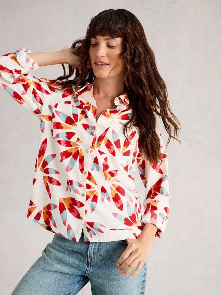 White Stuff Women’s Sophie Long Sleeve Organic Cotton Shirt - Ivory Print