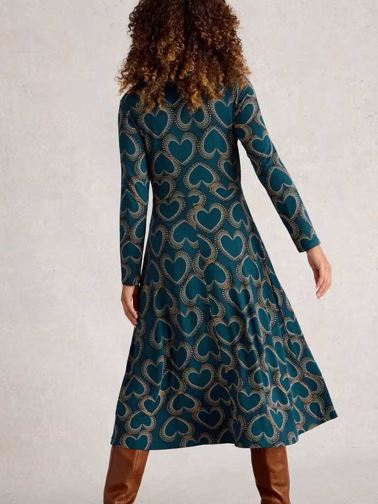 White Stuff Women’s Madeline Jersery Crew Neck Dress in Teal Multi