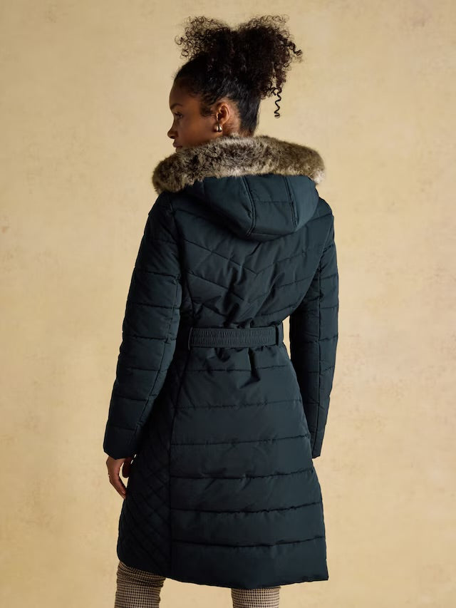 Joules Women’s Aspen Navy Showerproof Longline Padded Coat with Faux Fur Hood