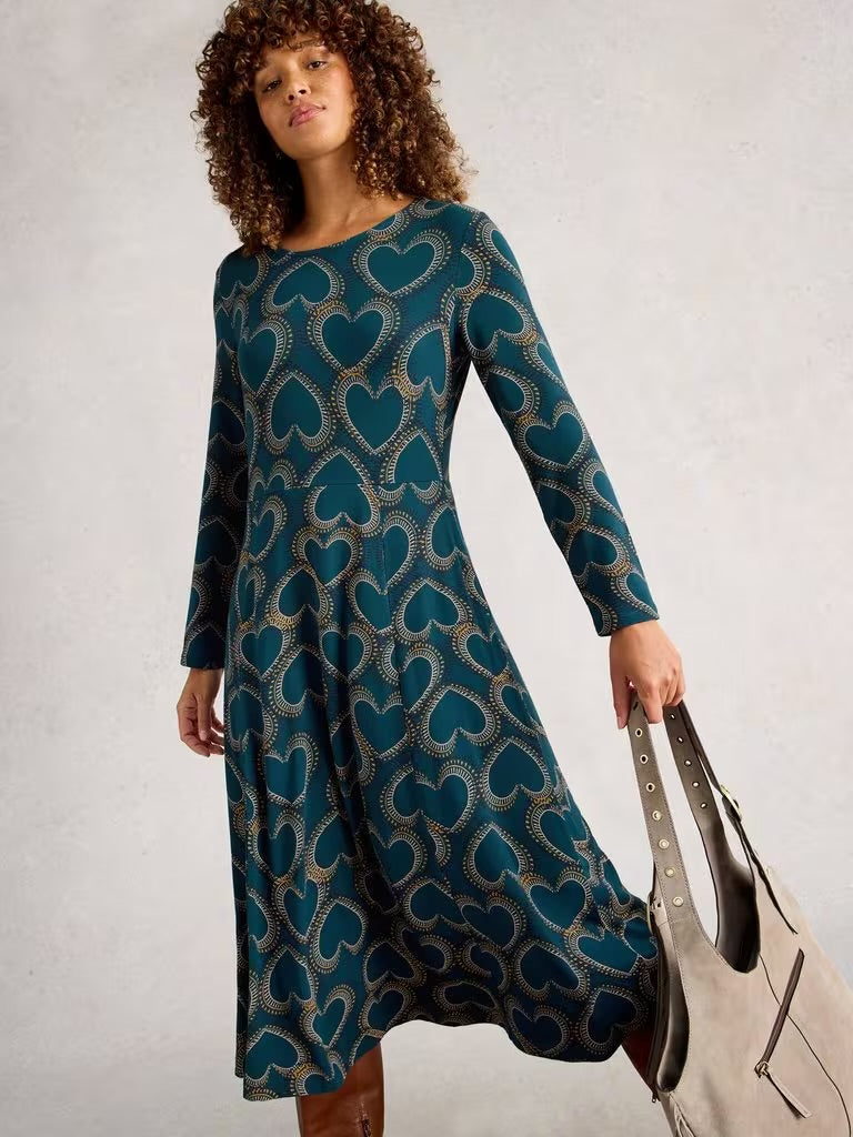 White Stuff Women’s Madeline Jersery Crew Neck Dress in Teal Multi