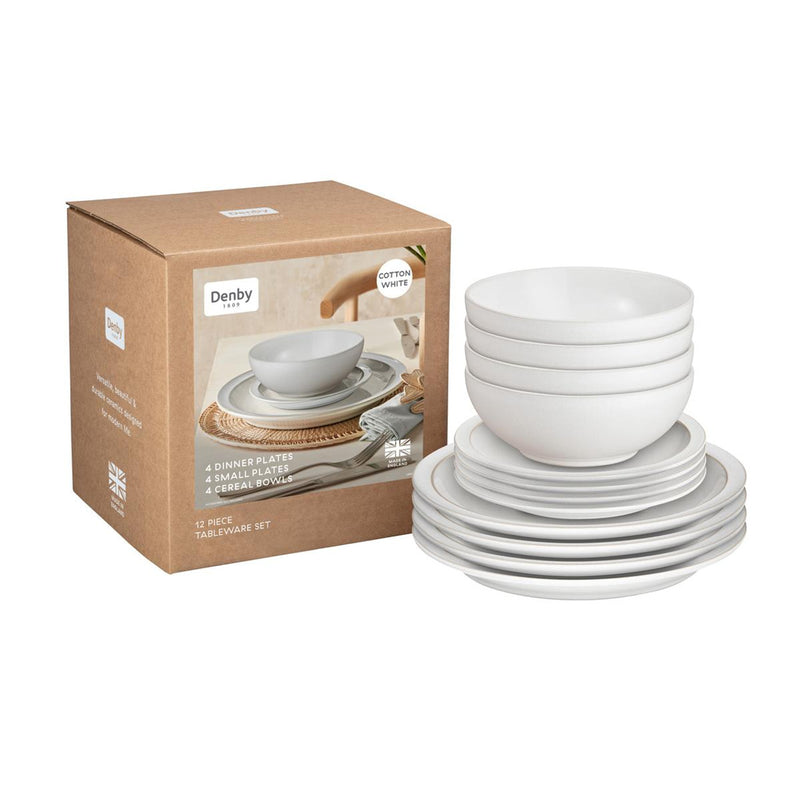 Bundle Deal Denby Cotton White 12 Piece Tableware Set & 4 Piece Pasta Bowl Set