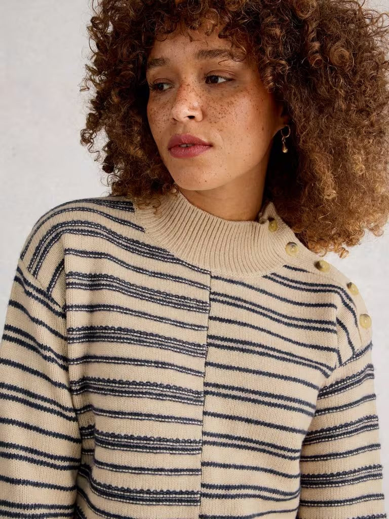 White Stuff Women’s Mix Stripe Stand Neck Jumper - NAT MLT