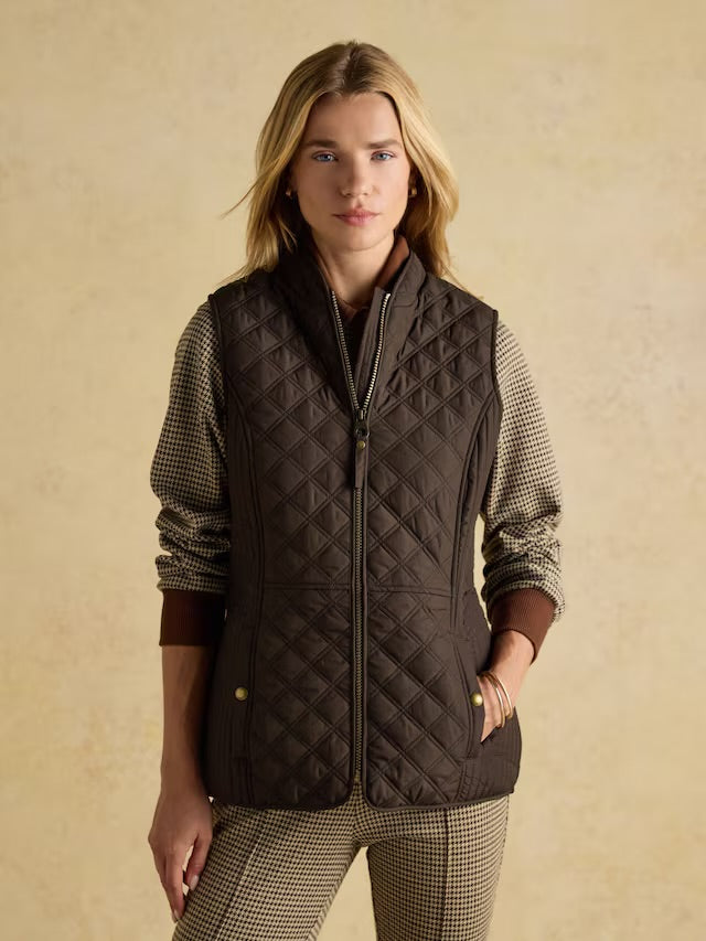 Joules Women’s Minx Brown Showerproof Diamond Quilted Gilet with Adjustable Waist