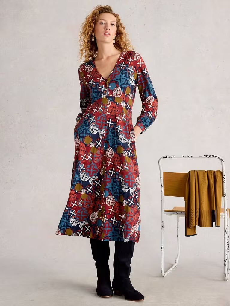 White Stuff Women’s Megan Long Sleeve Jersey Midi Dress in Chartreuse Multi
