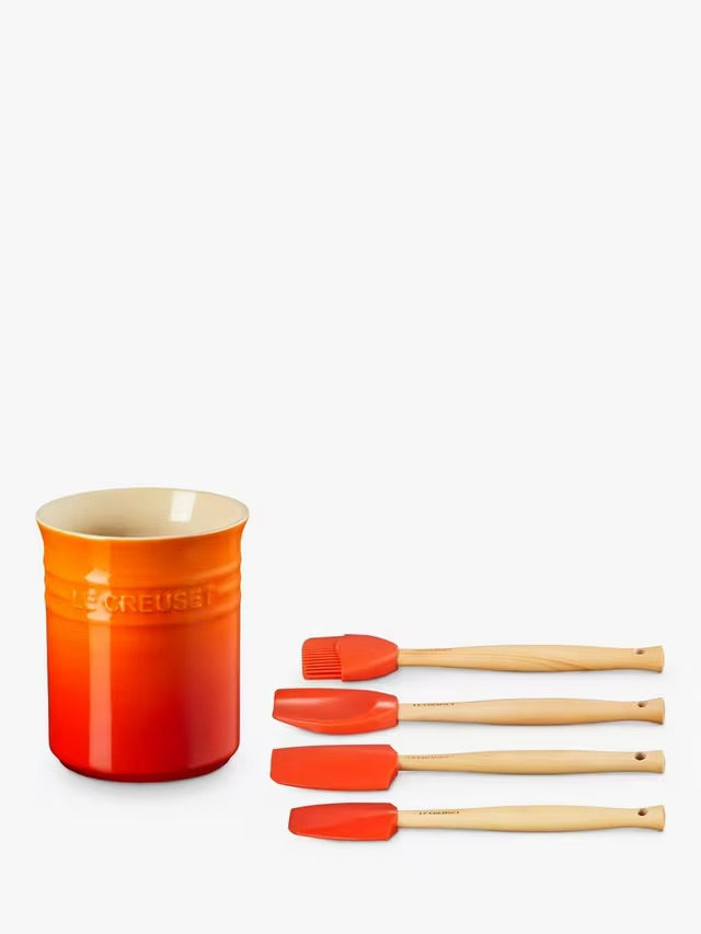 Le Creuset Stoneware Kitchen Utensils and 1.1L Holder Set, 5 Piece Volcanic Flame