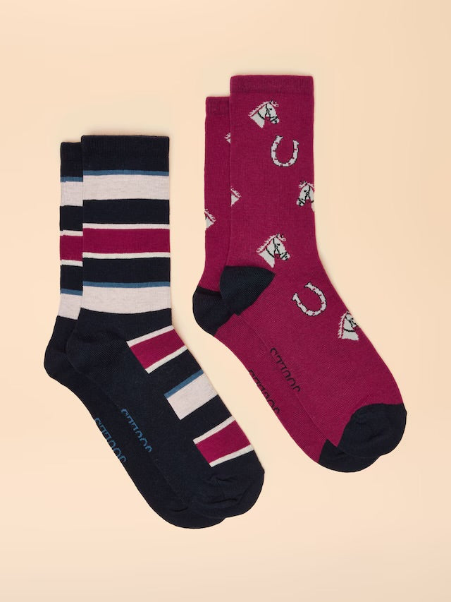 Joules Everyday 2 Pack Socks - Berry Horse