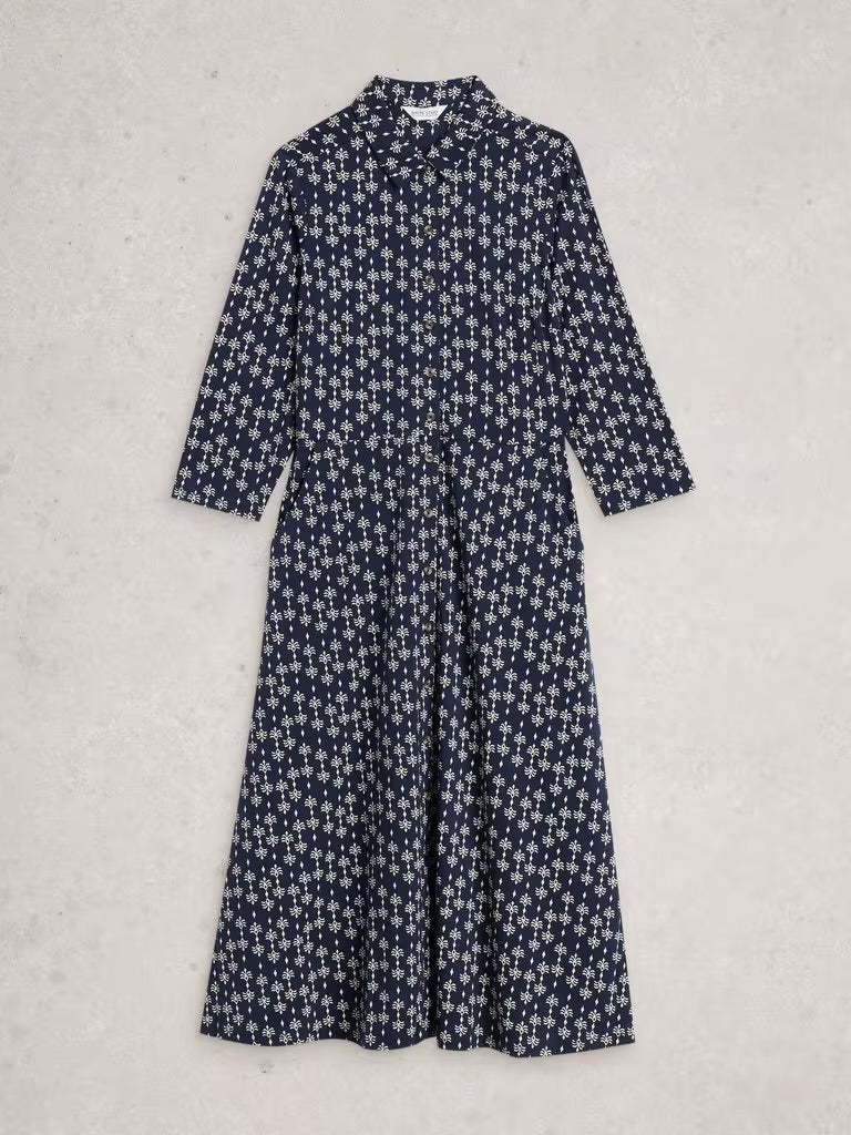 White Stuff Women’s Rua Jersery Collared Shirt Dress in Navy Print