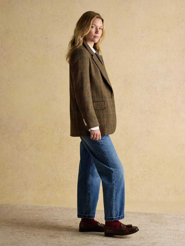 Joules Women’s Hackmore Brown Check Relaxed Fit Tweed Blazer With Wool
