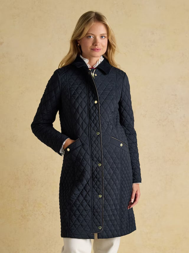 Joules Women’s Rosewell Navy Longline Diamond Quilted Showerproof Coat with Collar