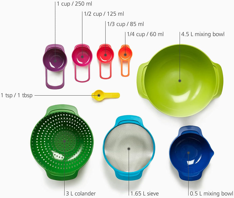 Joseph Joseph Nest Plus 9 Compact Stainless Steel Food Preparation Set with Mixing Bowls