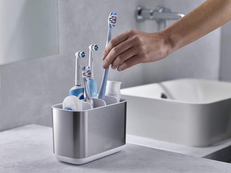 Joseph Joseph Bathroom Beauties 2 Piece Bathroom Sink Set Large Toothbrush Holder and Soap Pump Dispenser Stainless Steel