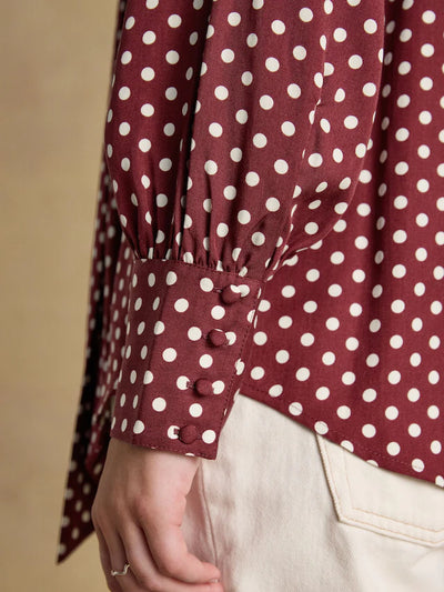 Joules Women’s Tabby Burgundy Red Tie Neck Long Sleeve Blouse with Button Fastening
