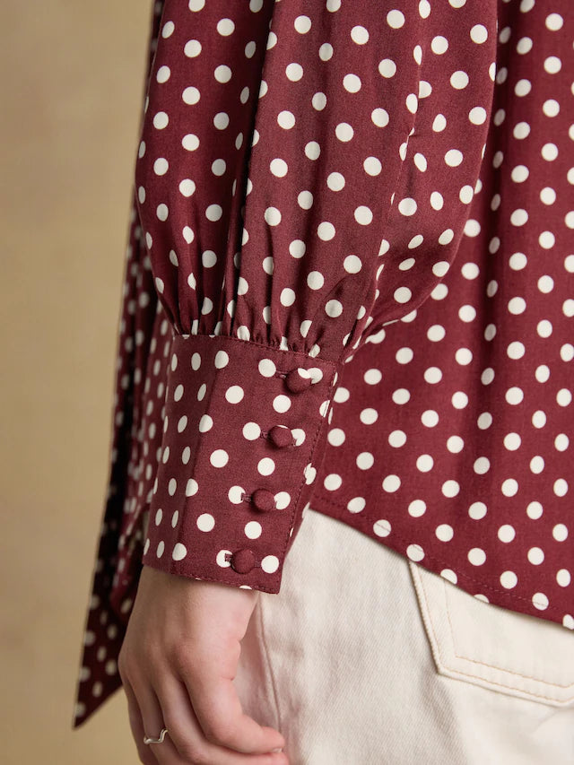 Joules Women’s Tabby Burgundy Red Tie Neck Long Sleeve Blouse with Button Fastening