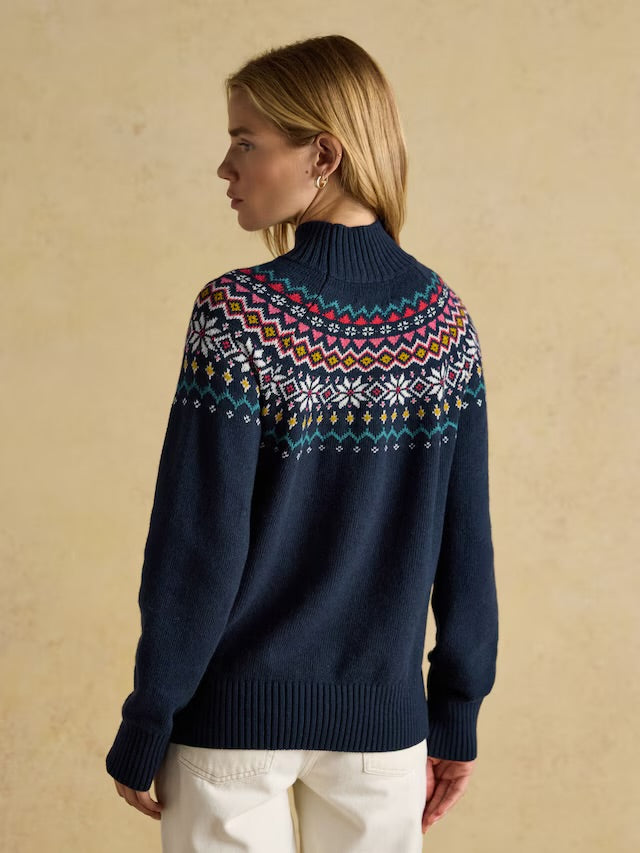 Joules Women’s Alba Navy Fairisle High Neck Cotton-Blend Jumper