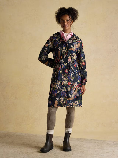 Joules Women’s Holkham Navy Bird Floral Waterproof Packable Raincoat With Hood