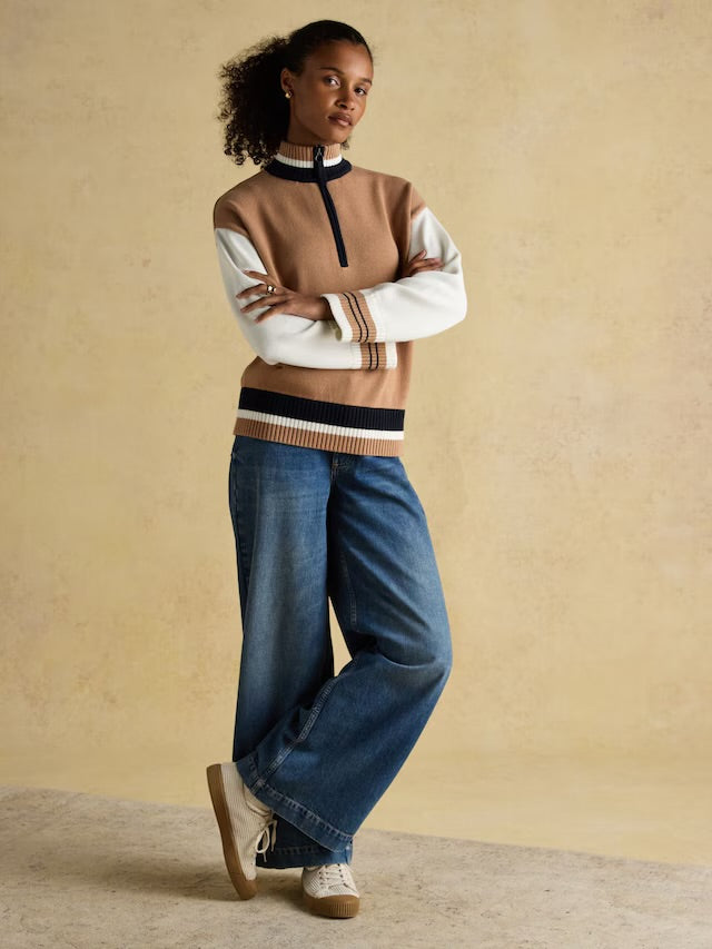 Joules Women’s Varsity Brown/Cream Colourblock Quarter Zip Cotton Jumper