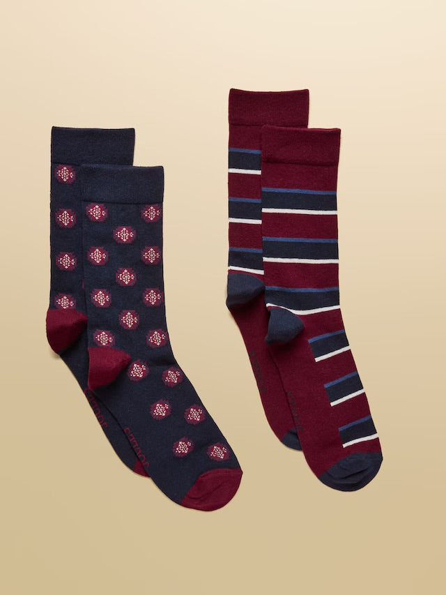 Joules Men’s Kingsbury Red & Navy Stripe 2 Pack Socks- Navy Geo