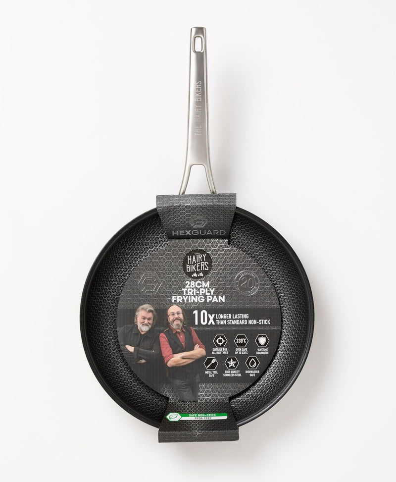 Hex Guard 28cm Frying Pan, Hairy Bikers, Metal Tool Safe, Non-Stick, Oven Safe, PFOA Free, Suitable for All Hobs, Professional, Stainless Steel