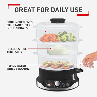 Tefal VC204865 Ultracompact 3 Tier Steamer 60-Min Timer, Refill While Steaming, Rice Accessory, Removable Cooking Bowls, Black