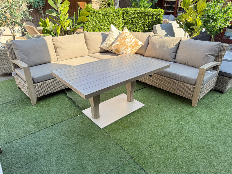 Vienna Large Curved Corner Sofa Set Wood Effect Aluminium Furniture Set With Easy Rise and Fall Table