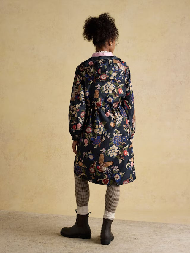 Joules Women’s Holkham Navy Bird Floral Waterproof Packable Raincoat With Hood