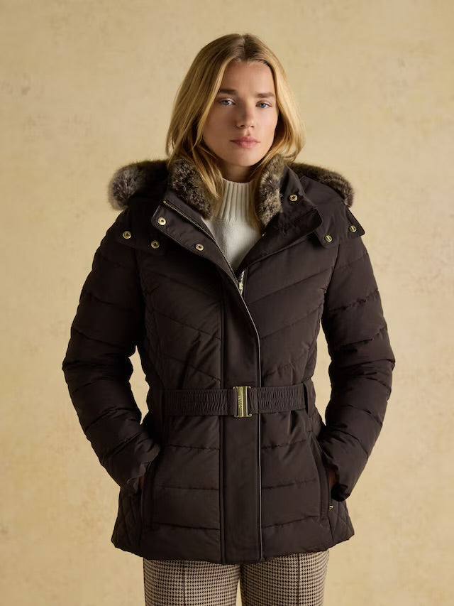 Joules Women’s Aspen Brown Showerproof Padded Coat with Faux Fur Hood