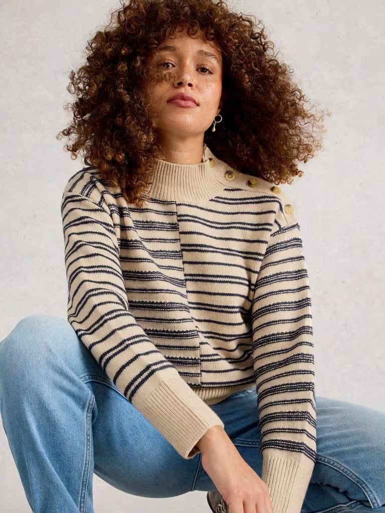 White Stuff Women’s Mix Stripe Stand Neck Jumper - NAT MLT