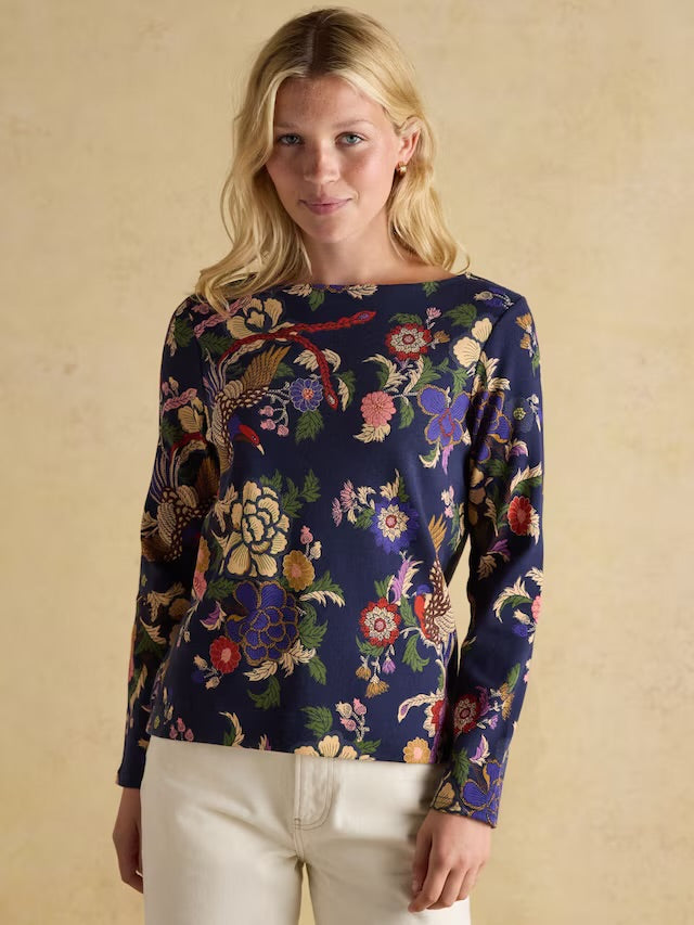 Joules Women’s Harbour Navy Bird Floral Boat Neck Printed Top