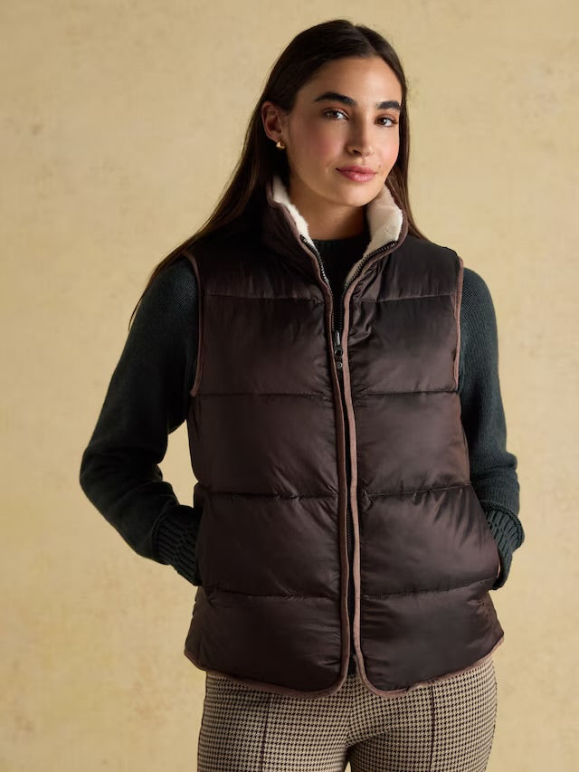 Joules Women’s Reversible Faux Fur Cream & Brown Padded Gilet