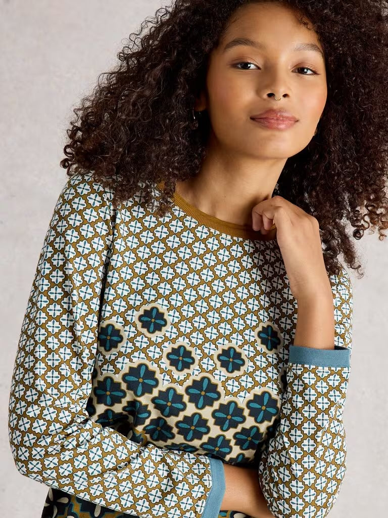 White Stuff Women’s Clara Long Sleeve Crew Neck Tee in Chartreuse Print
