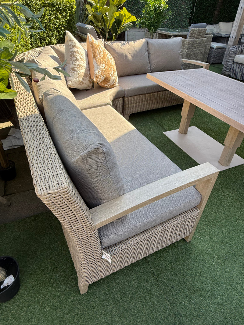Vienna Large Curved Corner Sofa Set Wood Effect Aluminium Furniture Set With Easy Rise and Fall Table