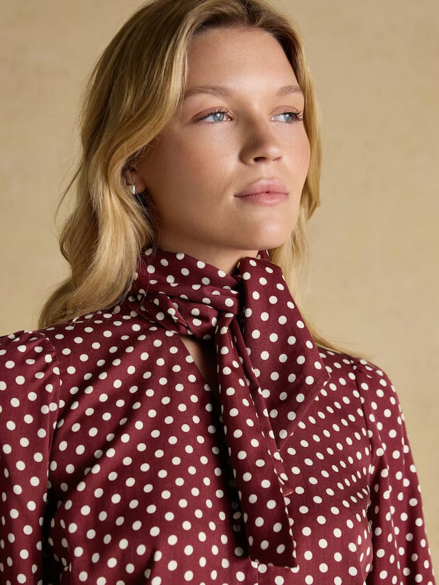 Joules Women’s Tabby Burgundy Red Tie Neck Long Sleeve Blouse with Button Fastening