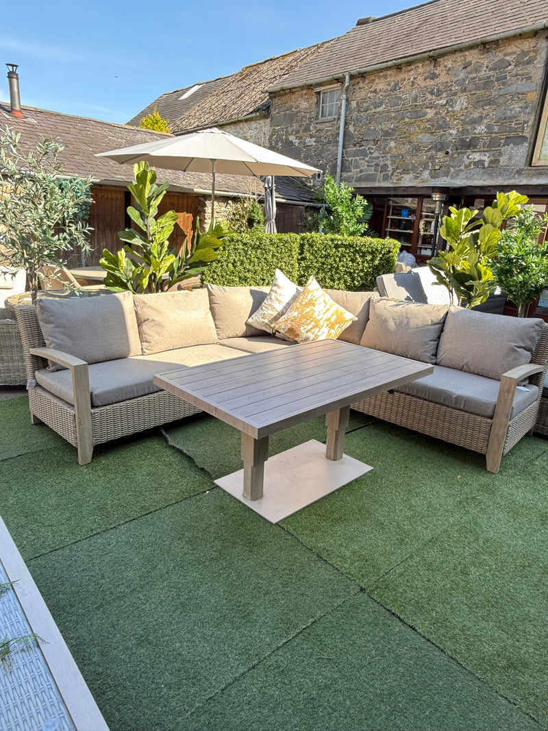 Vienna Large Curved Corner Sofa Set Wood Effect Aluminium Furniture Set With Easy Rise and Fall Table