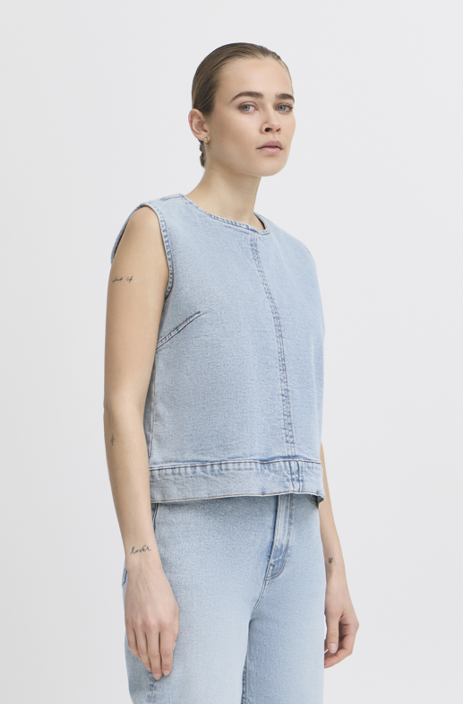 Ichi Ladies Top IHArmios in Light Blue Washed Denim, Armios sleeveless