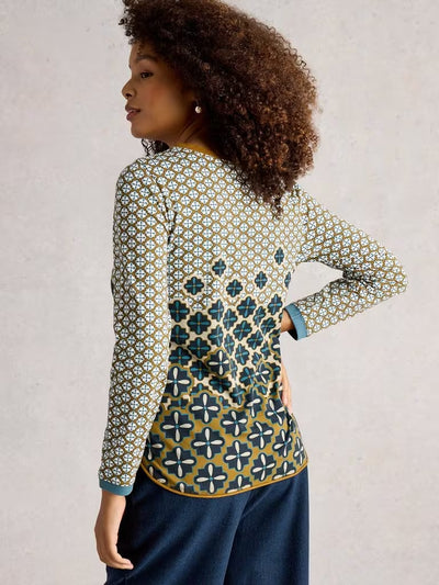 White Stuff Women’s Clara Long Sleeve Crew Neck Tee in Chartreuse Print