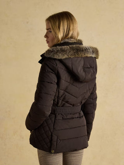 Joules Women’s Aspen Brown Showerproof Padded Coat with Faux Fur Hood