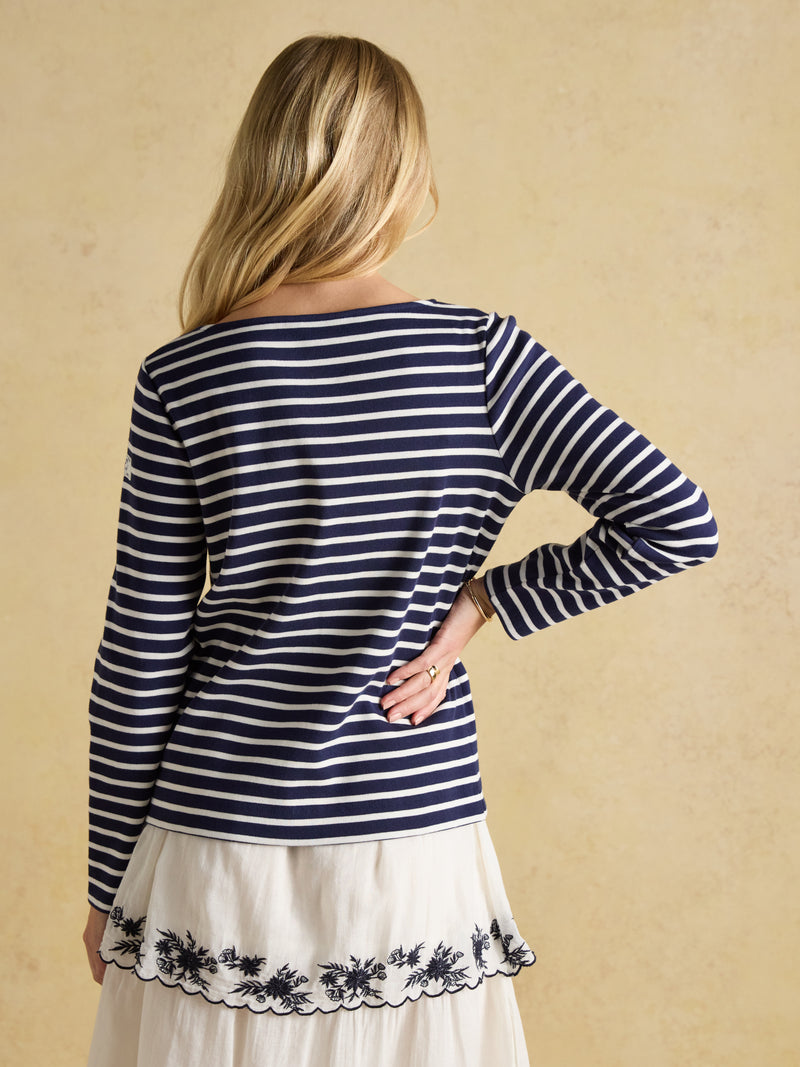 Joules Women’s Harbour Navy & White Boat Neck 100% Cotton Breton Top -NVY Creme