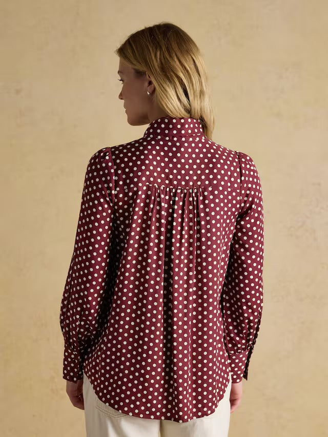 Joules Women’s Tabby Burgundy Red Tie Neck Long Sleeve Blouse with Button Fastening