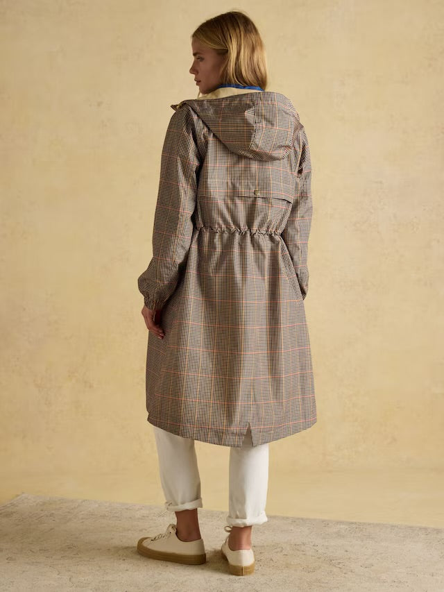 Joules Women’s Holkham Brown Check Waterproof Packable Raincoat With Hood in Brown Check