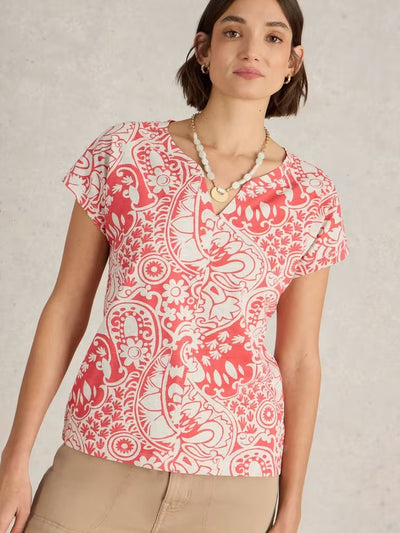 White Stuff Womens Nelly Notch Neck Short Sleeve Tee - Coral Multi