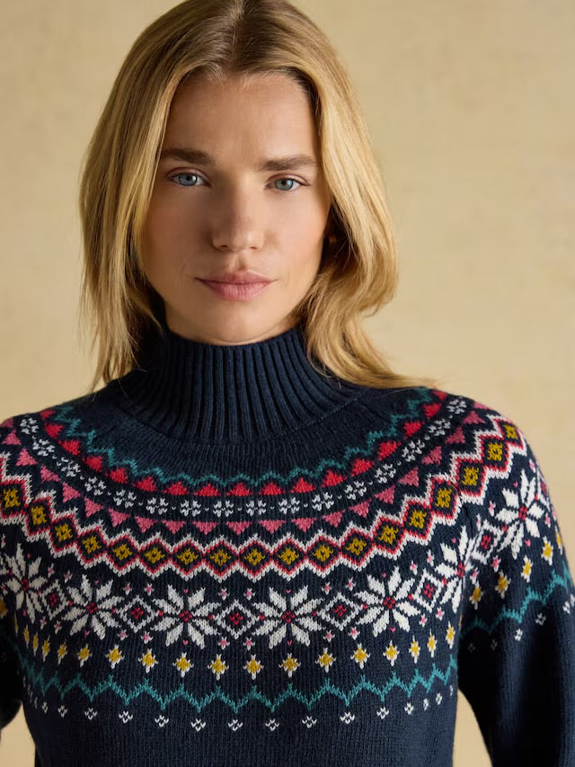 Joules Women’s Alba Navy Fairisle High Neck Cotton-Blend Jumper